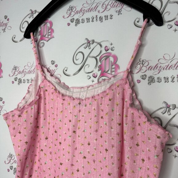 Rickiβs tank top ice cream cones π¦ pink stretchy ruffle frilly trim comfy cami - Picture 4 of 10